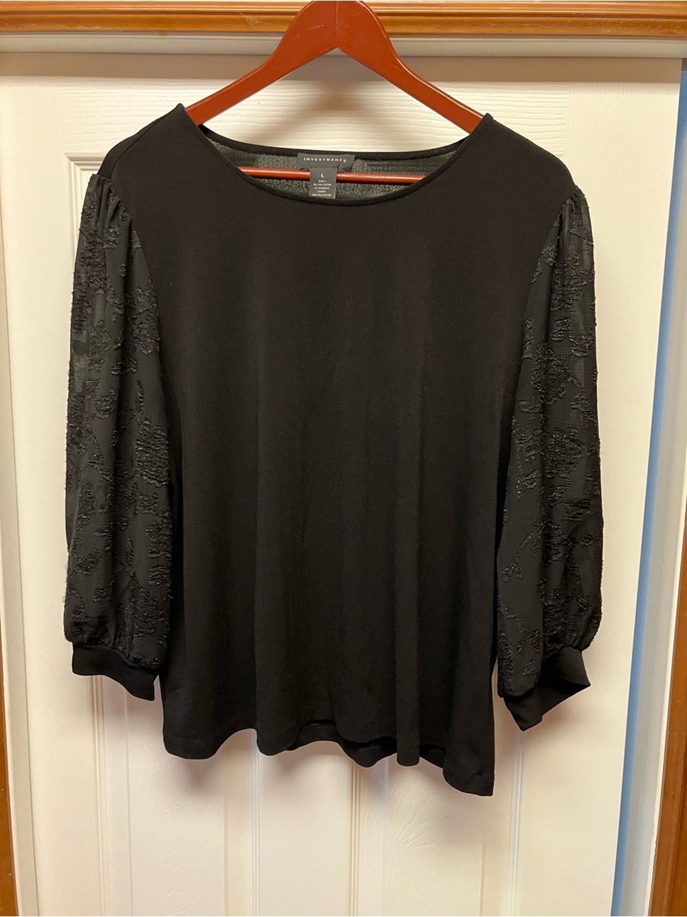 Investments Black Blouse with Textured Puff Sleeves and Round Neck
